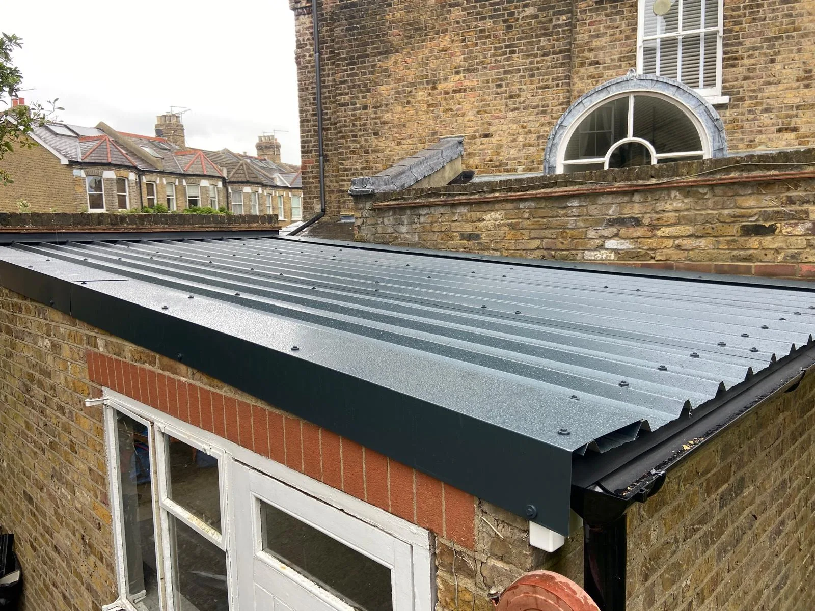 View of a garage roof replacement
